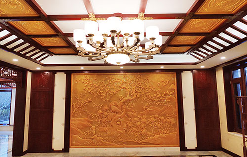 烈山中式别墅客厅中式木作横梁吊顶装饰展示